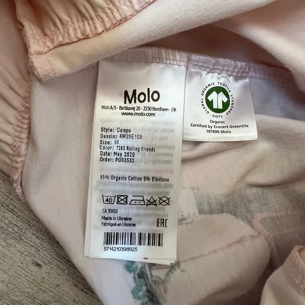 Molo Dress Baby Girls 6M Pink Rolling Friends Graphic Ruffle Hem Organic Cotton